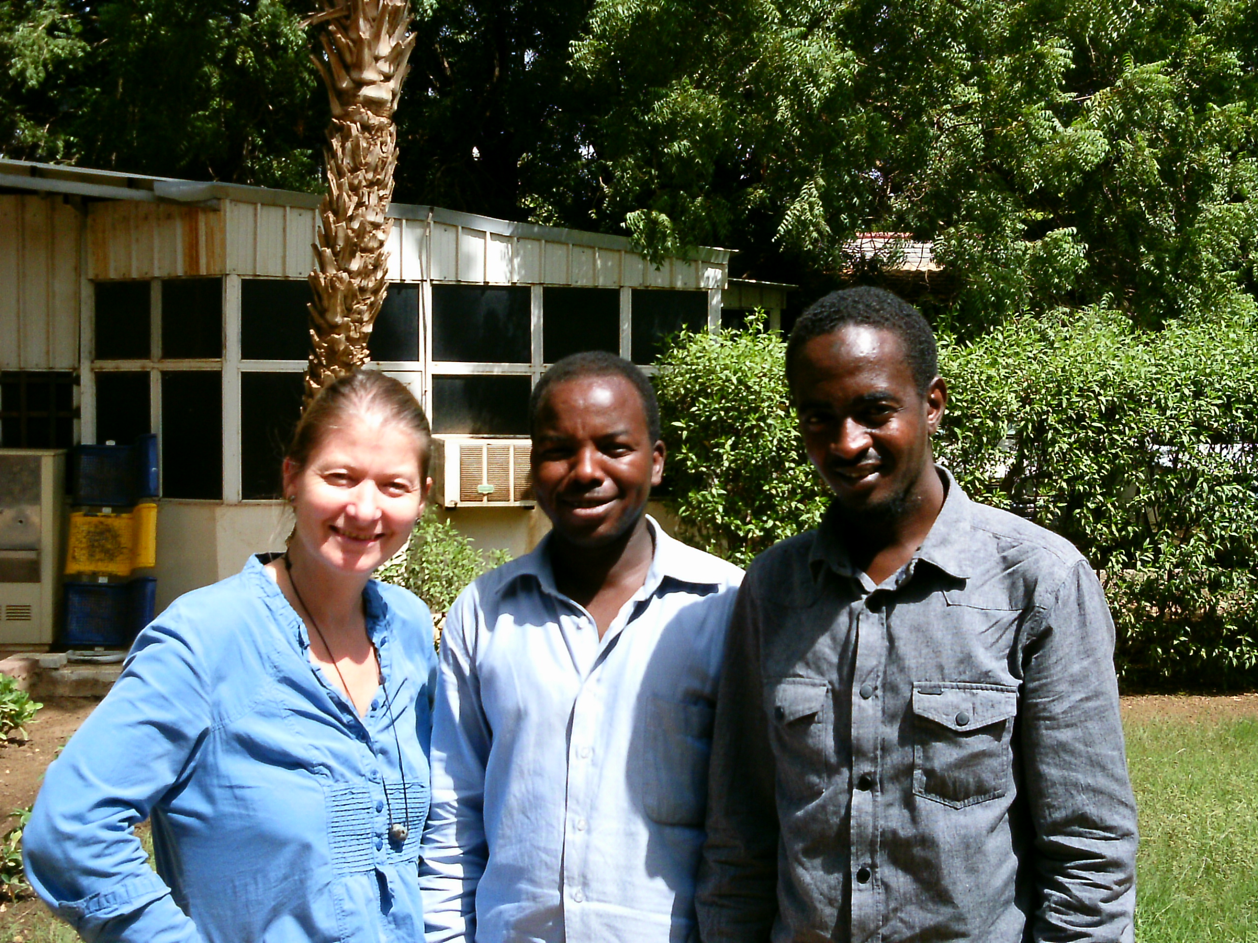 Isabel Compes, Elsadig Omda Ibrahim Elnur, Mohamad Ibrahim Abdulgabbar Mahmoud: Zaghawa Research Team at the Linguistic Department, Khartoum University (photographer: Angelika Jakobi)